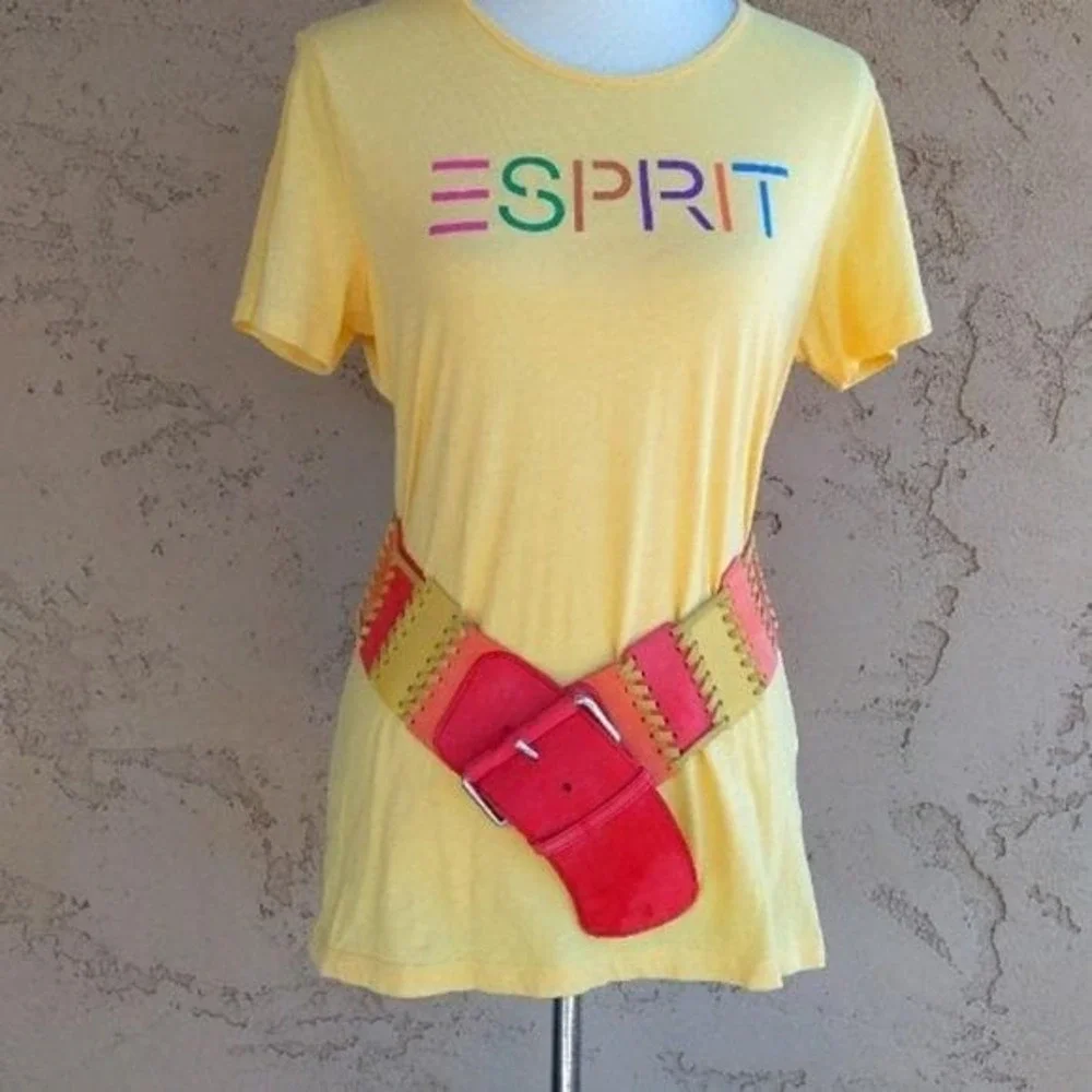 Vintage 80s Adolfo Wide Leather Whipstitch Colorblock Waist Belt Red Pink Yellow